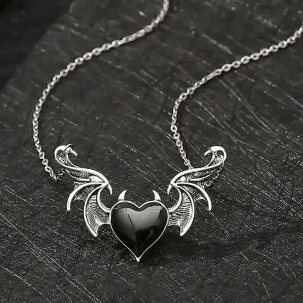 SILVER BLACK ONYX HEART WING NECKLACE